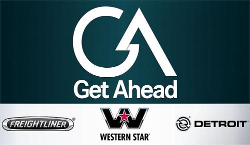 The logo of the Daimler Get Ahead program above the logos of the Freightliner, Western Star and Detroit brands.